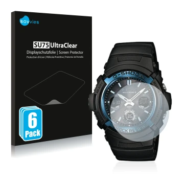 Face avant d’un emballage produit avec le logo de la marque Savvies. À côté, l’appareil Casio AWG M100 est représenté avec la 