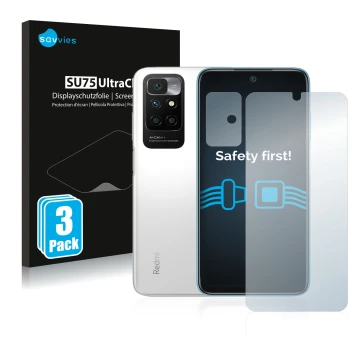 Face avant d’un emballage produit avec le logo de la marque Savvies. À côté, l’appareil Xiaomi Redmi 10 (Avant+Caméra) est rep