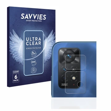 Face avant d’un emballage produit avec le logo de la marque Savvies. À côté, l’appareil Xiaomi Redmi Note 11 Pro 5G (Caméra UN