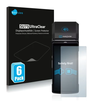 Face avant d’un emballage produit avec le logo de la marque Savvies. À côté, l’appareil Ready2order ReadyGo est représenté ave