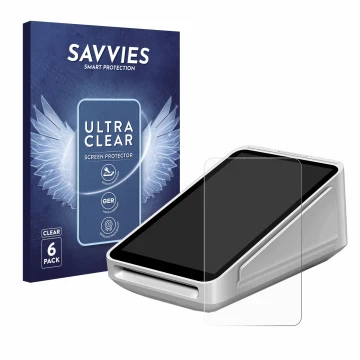 Face avant d’un emballage produit avec le logo de la marque Savvies. À côté, l’appareil Square Terminal est représenté avec la