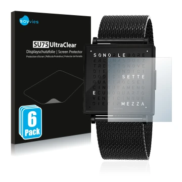 Face avant d’un emballage produit avec le logo de la marque Savvies. À côté, l’appareil Qlocktwo W35 est représenté avec la pr
