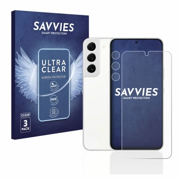 Face avant d’un emballage produit avec le logo de la marque Savvies. À côté, l’appareil Samsung Galaxy S22 5G (Avant+Caméra) e