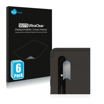 Face avant d’un emballage produit avec le logo de la marque Savvies. À côté, l’appareil Samsung Galaxy Tab S8 Ultra 5G (Caméra