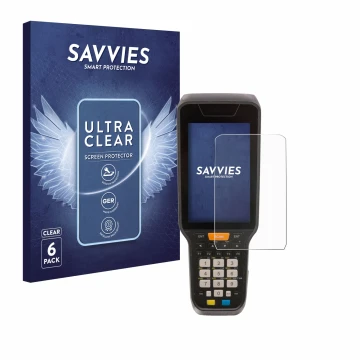 Face avant d’un emballage produit avec le logo de la marque Savvies. À côté, l’appareil Datalogic Skorpio X5 est représenté av