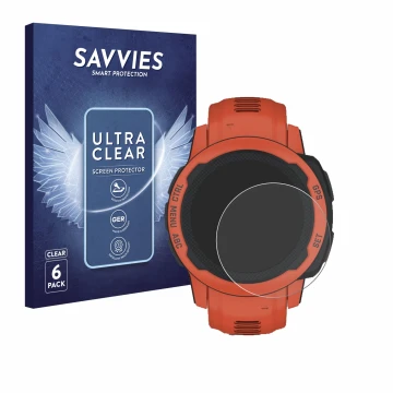 Face avant d’un emballage produit avec le logo de la marque Savvies. À côté, l’appareil Garmin Instinct 2S est représenté avec