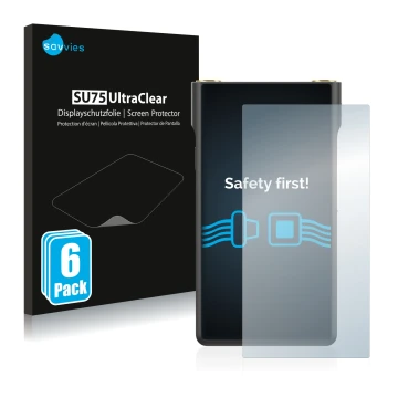Face avant d’un emballage produit avec le logo de la marque Savvies. À côté, l’appareil Sony Walkman NW-WM1AM2 est représenté 