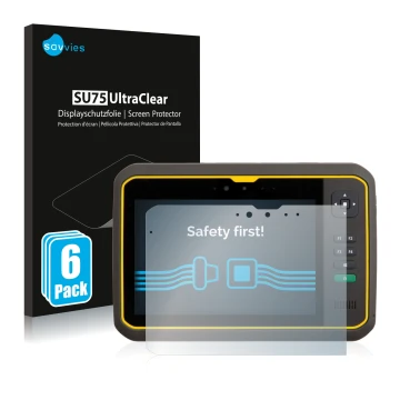 Face avant d’un emballage produit avec le logo de la marque Savvies. À côté, l’appareil Trimble T7 est représenté avec la prot