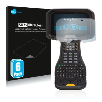 Face avant d’un emballage produit avec le logo de la marque Savvies. À côté, l’appareil Trimble TSC5 est représenté avec la pr