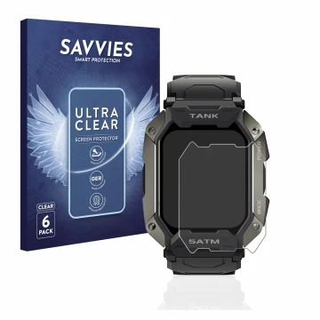 Face avant d’un emballage produit avec le logo de la marque Savvies. À côté, l’appareil Kospet Tank M1 est représenté avec la 