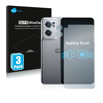 Face avant d’un emballage produit avec le logo de la marque Savvies. À côté, l’appareil OnePlus Nord CE 2 5G (Avant+Caméra) es