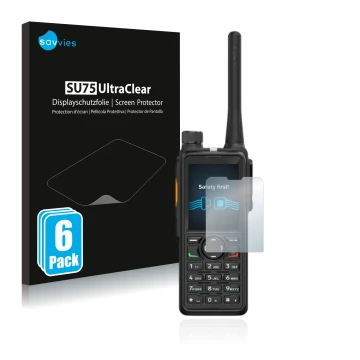 Face avant d’un emballage produit avec le logo de la marque Savvies. À côté, l’appareil Hytera HP785 est représenté avec la pr