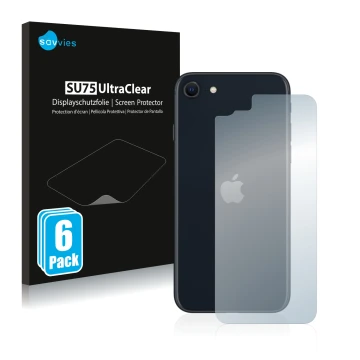 Face avant d’un emballage produit avec le logo de la marque Savvies. À côté, l’appareil Apple iPhone SE 3 2022 (Arrière) est r