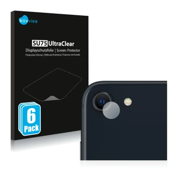 Face avant d’un emballage produit avec le logo de la marque Savvies. À côté, l’appareil Apple iPhone SE 3 2022 (Caméra UNIQUEM