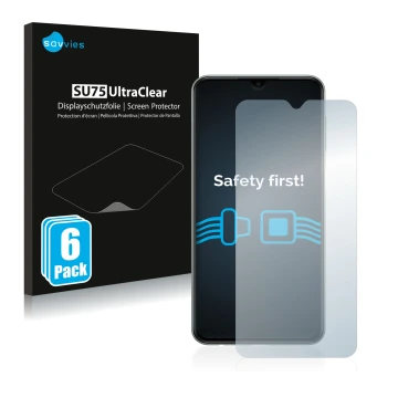 Face avant d’un emballage produit avec le logo de la marque Savvies. À côté, l’appareil Samsung Galaxy M33 est représenté avec