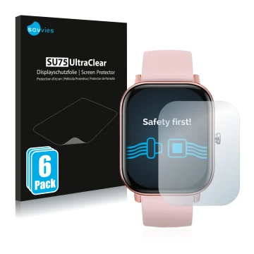 Face avant d’un emballage produit avec le logo de la marque Savvies. À côté, l’appareil DCU Tecnologic Smartwatch Curved Glass