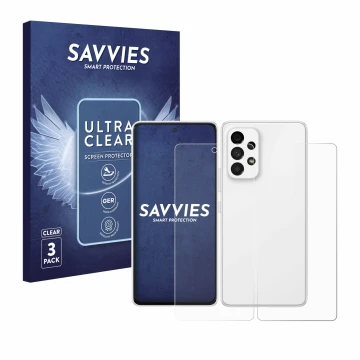 Face avant d’un emballage produit avec le logo de la marque Savvies. À côté, l’appareil Samsung Galaxy A53 5G (Avant+Arrière) 
