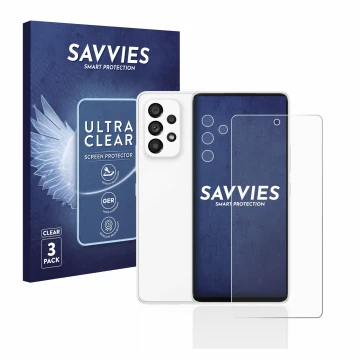 Face avant d’un emballage produit avec le logo de la marque Savvies. À côté, l’appareil Samsung Galaxy A53 5G (Avant+Caméra) e