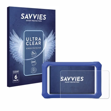 Face avant d’un emballage produit avec le logo de la marque Savvies. À côté, l’appareil Clementoni Clempad X Revolution est re