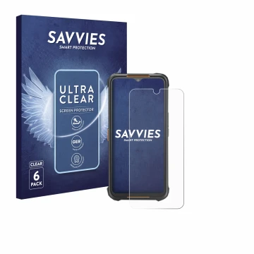 Face avant d’un emballage produit avec le logo de la marque Savvies. À côté, l’appareil AGM H5 est représenté avec la protecti