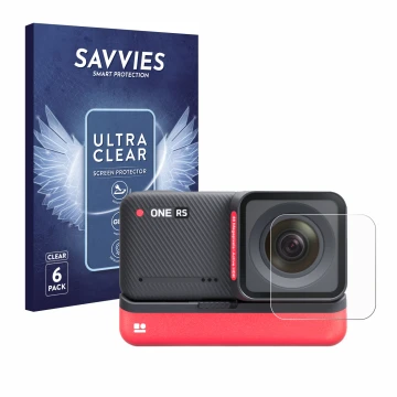 Face avant d’un emballage produit avec le logo de la marque Savvies. À côté, l’appareil Insta360 One RS 4K Edition (Lentille) 