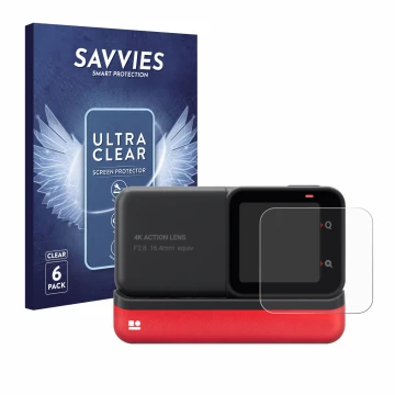 Face avant d’un emballage produit avec le logo de la marque Savvies. À côté, l’appareil Insta360 One RS 4K Edition est représe