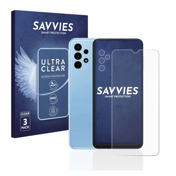 Face avant d’un emballage produit avec le logo de la marque Savvies. À côté, l’appareil Samsung Galaxy A13 (Avant+Caméra) est 
