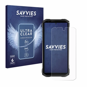 Face avant d’un emballage produit avec le logo de la marque Savvies. À côté, l’appareil Doogee S98 est représenté avec la prot