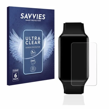 Face avant d’un emballage produit avec le logo de la marque Savvies. À côté, l’appareil Oppo Watch Free est représenté avec la