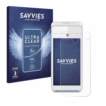 Face avant d’un emballage produit avec le logo de la marque Savvies. À côté, l’appareil Pax A920 est représenté avec la protec
