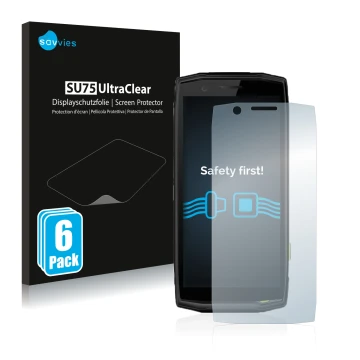 Face avant d’un emballage produit avec le logo de la marque Savvies. À côté, l’appareil Crosscall Action-X5 est représenté ave