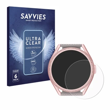 Face avant d’un emballage produit avec le logo de la marque Savvies. À côté, l’appareil Michael Kors Access MKGO Gen 5E MKT 51