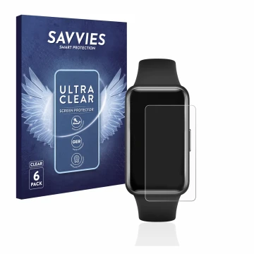 Face avant d’un emballage produit avec le logo de la marque Savvies. À côté, l’appareil Huawei Band 7 est représenté avec la p