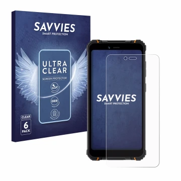 Face avant d’un emballage produit avec le logo de la marque Savvies. À côté, l’appareil Hotwav T5 Pro est représenté avec la p
