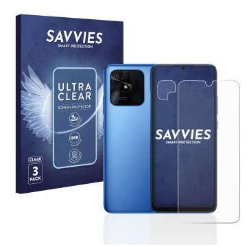 Face avant d’un emballage produit avec le logo de la marque Savvies. À côté, l’appareil Xiaomi Redmi 10C (Avant+Caméra) est re