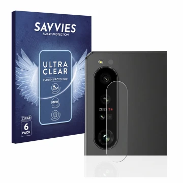 Face avant d’un emballage produit avec le logo de la marque Savvies. À côté, l’appareil Sony Xperia 1 IV (Caméra UNIQUEMENT) e