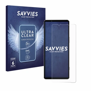 Face avant d’un emballage produit avec le logo de la marque Savvies. À côté, l’appareil Sony Xperia 1 IV est représenté avec l