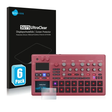 Face avant d’un emballage produit avec le logo de la marque Savvies. À côté, l’appareil KORG electribe Sampler est représenté 
