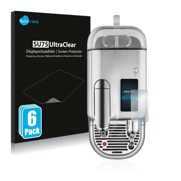 Face avant d’un emballage produit avec le logo de la marque Savvies. À côté, l’appareil Sage Nespresso Creatista Pro est repré