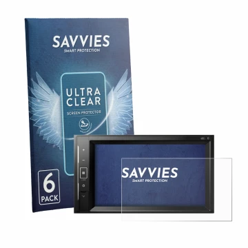 Face avant d’un emballage produit avec le logo de la marque Savvies. À côté, l’appareil Pioneer AVH-A240DAB est représenté ave