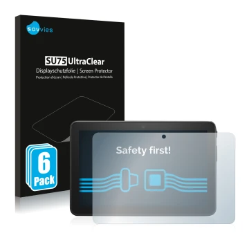 Face avant d’un emballage produit avec le logo de la marque Savvies. À côté, l’appareil Amazon Fire 7 2022 est représenté avec