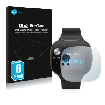 Face avant d’un emballage produit avec le logo de la marque Savvies. À côté, l’appareil ASUS Vivowatch BP est représenté avec 