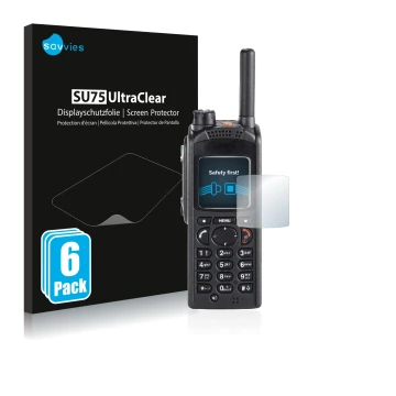 Face avant d’un emballage produit avec le logo de la marque Savvies. À côté, l’appareil Motorola MTP850 est représenté avec la