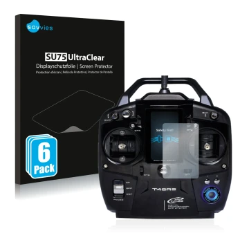 Face avant d’un emballage produit avec le logo de la marque Savvies. À côté, l’appareil Futaba T4GRS est représenté avec la pr