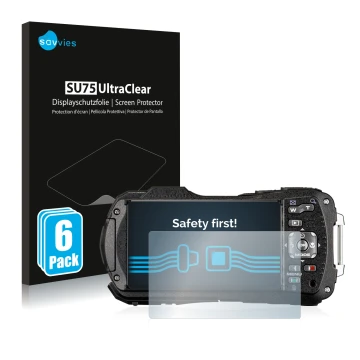 Face avant d’un emballage produit avec le logo de la marque Savvies. À côté, l’appareil Ricoh WG-80 est représenté avec la pro