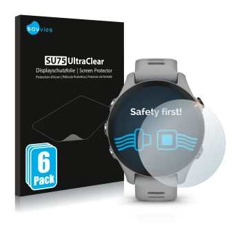 Face avant d’un emballage produit avec le logo de la marque Savvies. À côté, l’appareil Garmin Forerunner 255S est représenté 
