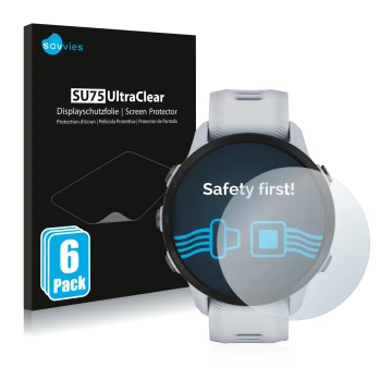 Face avant d’un emballage produit avec le logo de la marque Savvies. À côté, l’appareil Garmin Forerunner 955 Solar est représ