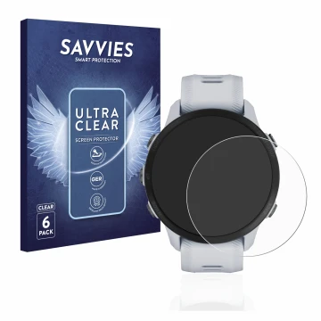 Face avant d’un emballage produit avec le logo de la marque Savvies. À côté, l’appareil Garmin Forerunner 955 est représenté a