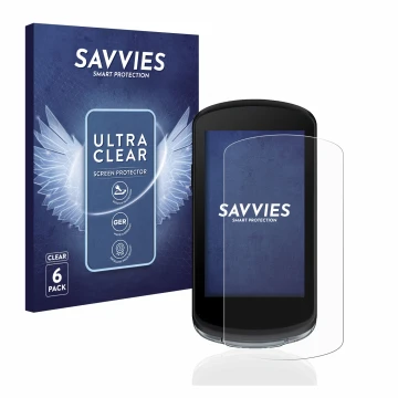 Face avant d’un emballage produit avec le logo de la marque Savvies. À côté, l’appareil Garmin Edge 1040 est représenté avec l