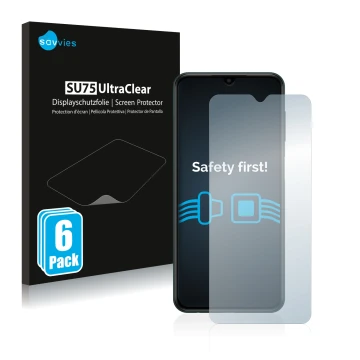 Face avant d’un emballage produit avec le logo de la marque Savvies. À côté, l’appareil Samsung Galaxy M13 est représenté avec